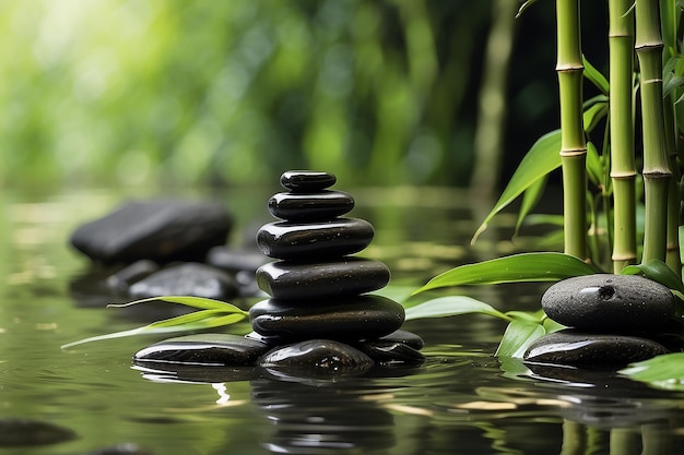 Foglie di bambù impilate pietre zen nere che riflettono l'acqua