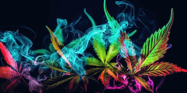 Foglie di cannabis ganja con fumo e luce al neon colorata su sfondo nero close-up AI generativa