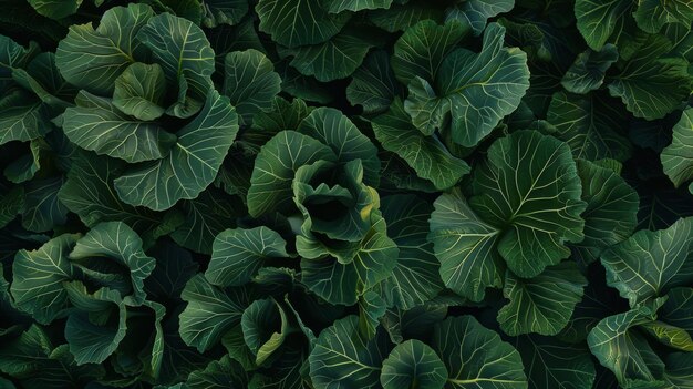 Foglie di cavolo verde lussureggiante in un disegno organico scuro che mostra la geometria di nature39s