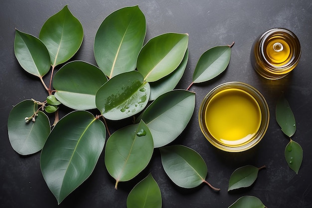 Foglie di eucalipto e olio sul tavolo