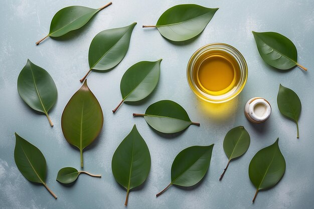 Foglie di eucalipto e olio sul tavolo