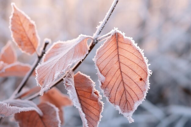 Foglie di faggio arancione coperte di brina nel tardo autunno o all'inizio dell'inverno