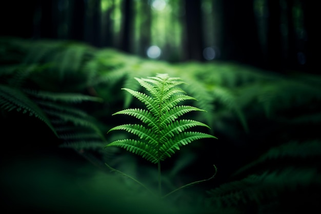 foglie di felce arafed in una foresta con uno sfondo scuro ai generativo