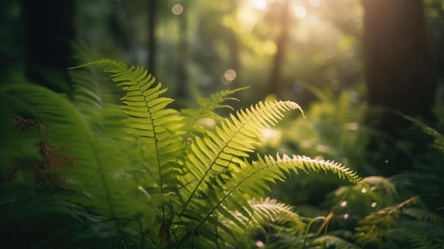 Foglie di felce in una foresta con il sole che splende su di loro