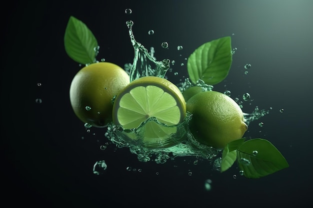 Foglie di fetta di frutta di lime e spruzzi di succo verde Bevanda Ai Mojito