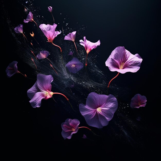 Foglie di fiori viola che volano su sfondo nero 3