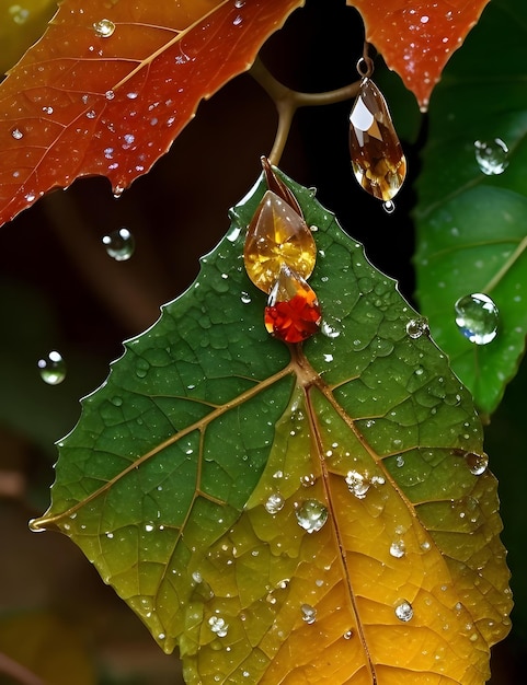 foglie di gocce d'acqua e diamanti