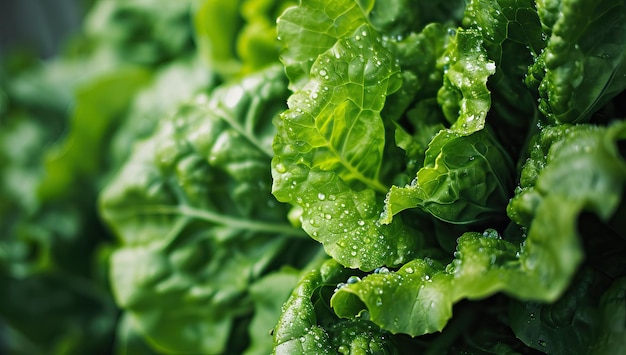 Foglie di lattuga verde fresca con gocce d'acqua