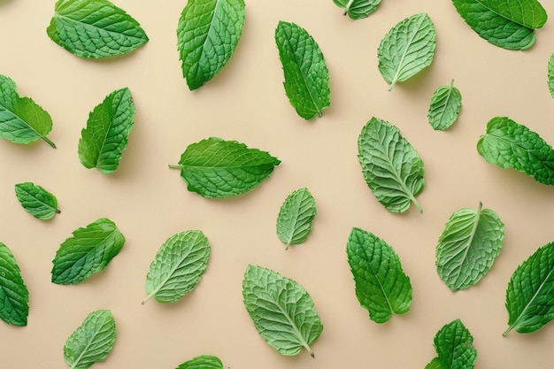 Foglie di menta con disegno di foglia di menta su sfondo pastello