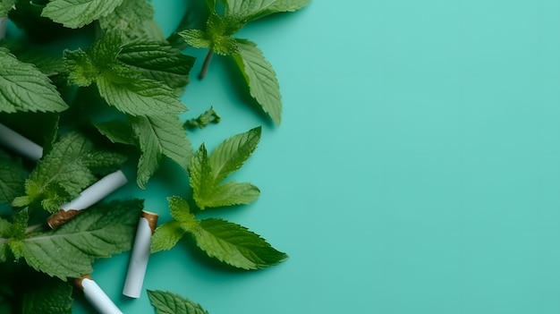 Foglie di menta e batterie su sfondo verde