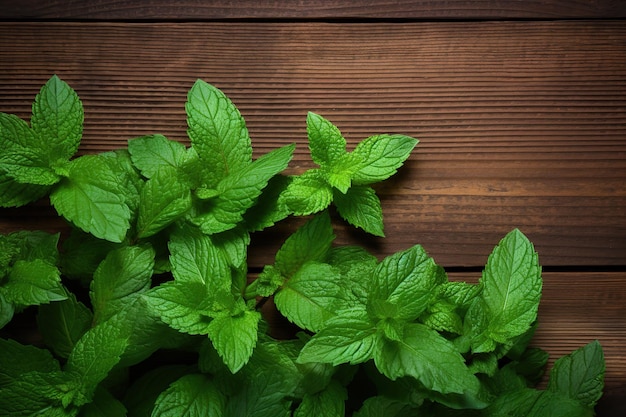 Foglie di menta fresca su fondo di legno marrone