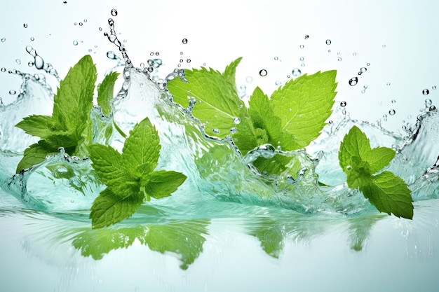 foglie di menta fresche e spruzzo di flusso d'acqua menta mentolica isolata su sfondo bianco