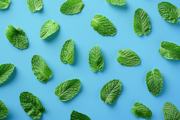 Foglie di menta verde su sfondo blu Modello estivo di tendenza minimo