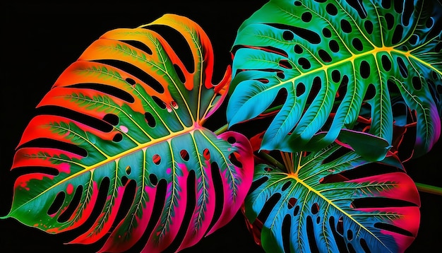 foglie di monstera colori al neon sfondo di piante tropicali