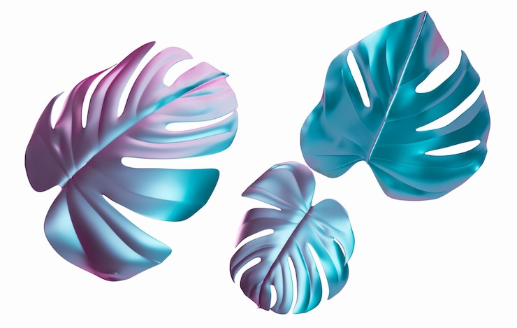 Foto foglie di monstera olografiche isolate su sfondo bianco ritagliare gli elementi di progettazione grafica oggetti iridescenti alla moda e futuristici rendering 3d