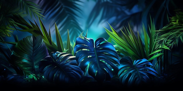 Foglie di monstera tropicale alla luce al neon sullo sfondo della natura