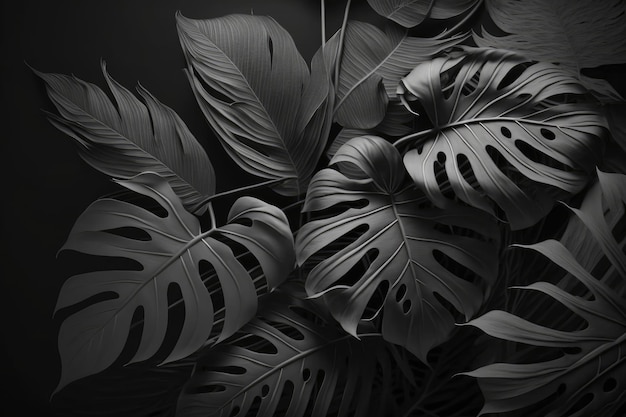 Foglie di monstera tropicale sfondo tono bianco e nero Decoratiot monocromatico del fogliame dell'albero di monstera