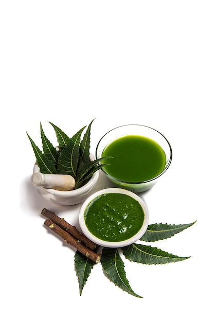 Foglie di neem medicinali in mortaio e pestello con pasta di neem, succo e ramoscelli su priorità bassa bianca