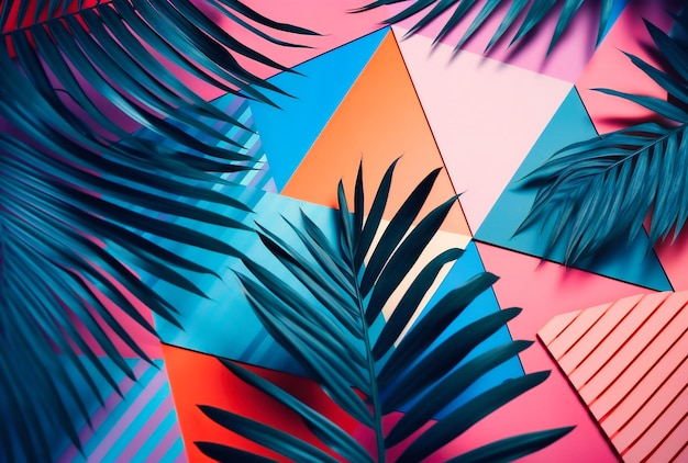 Foglie di palma adagiate su uno sfondo geometrico colorato