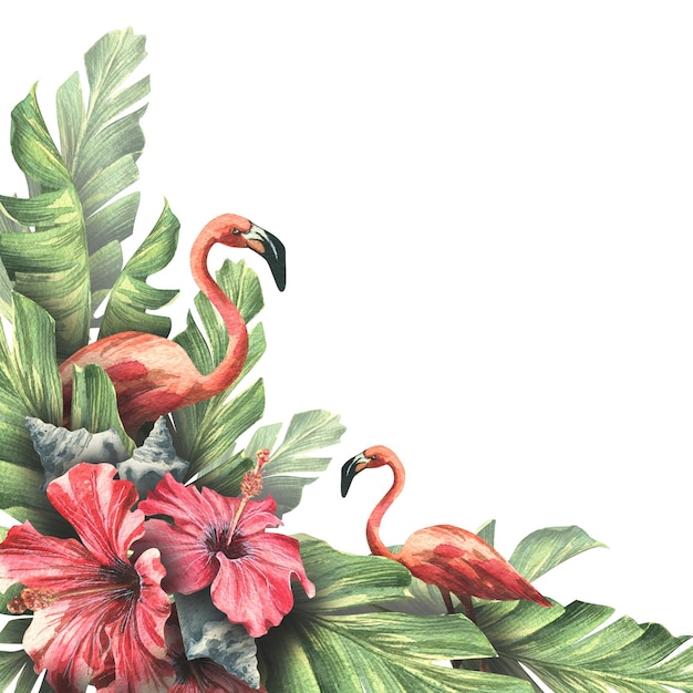 Foglie di palma con fiori di ibisco rosso fenicotteri rosa e conchiglie Illustrazione ad acquerello Composizione di un grande set di CUBA Per la decorazione e la progettazione di stampe adesivi cartoline