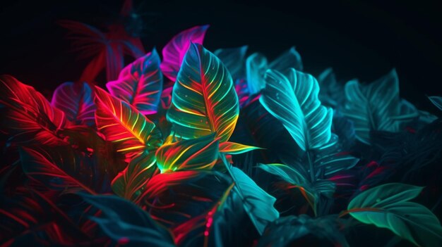 Foglie di palma tropicali alla luce del neon sfondo generativo colorato ai