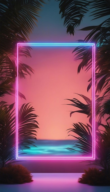 Foglie di palma tropicali con mockup di cornice al neon luminosa