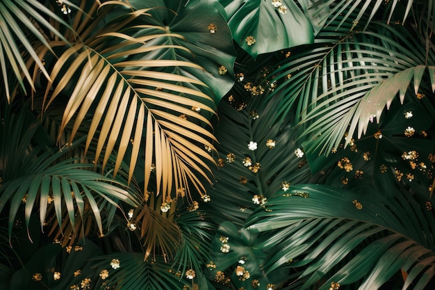 Foglie di palma tropicali e sfondo luccicante dorato IA generativa