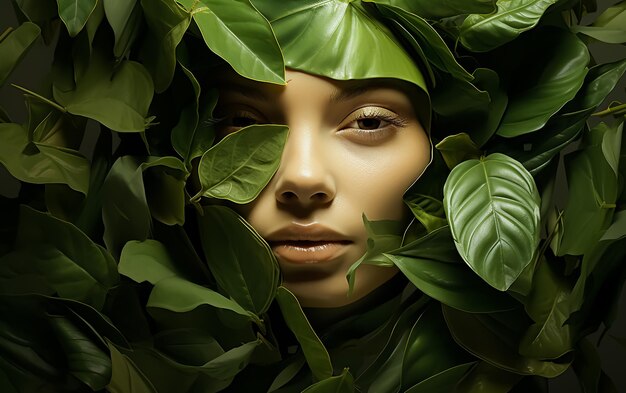 foglie di piante bellezza ragazza faccia modello di moda fotografia in primo piano naturale