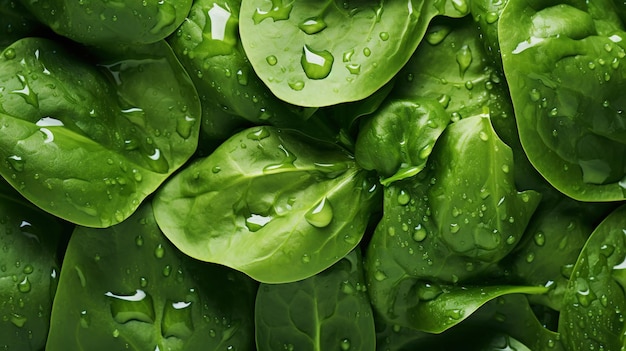 Foglie di spinaci verdi freschi con sfondo di gocce d'acqua Sfondo di verdure AI generativa
