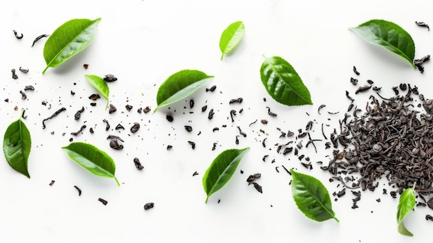 Foglie di tè nero sparse su uno sfondo bianco con foglie di tè verde fresche