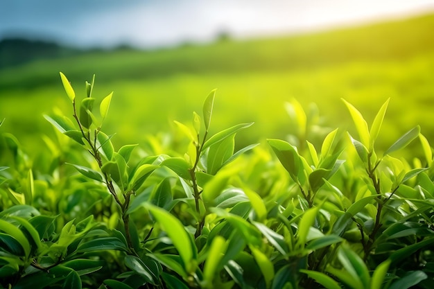 Foglie di tè su un campo verde