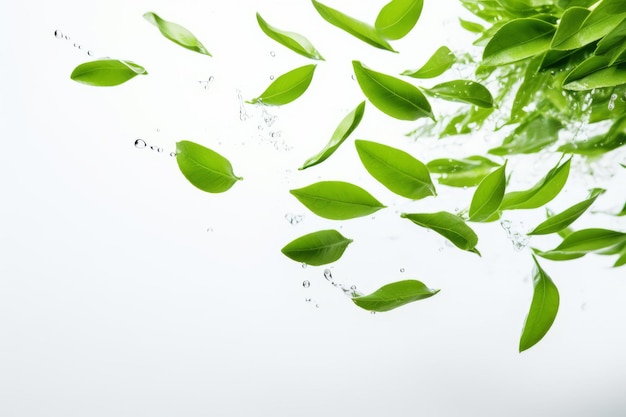Foglie di tè verde fresche che cadono su una superficie bianca