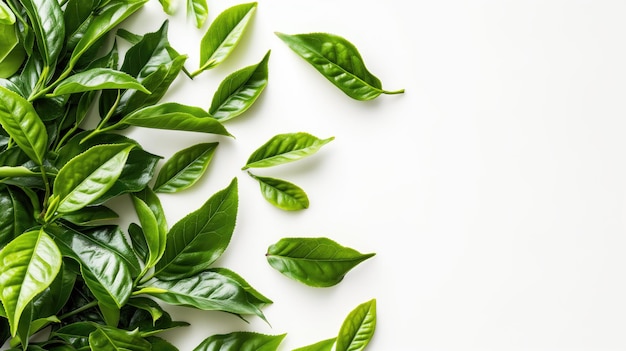 Foglie di tè verde fresche sparse su uno sfondo bianco