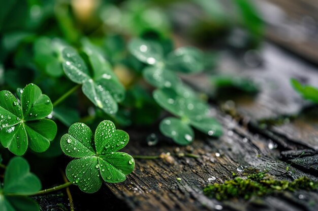 Foglie di trifoglio verde con gocce d'acqua su uno sfondo di legno concetto di St Patrick's Day