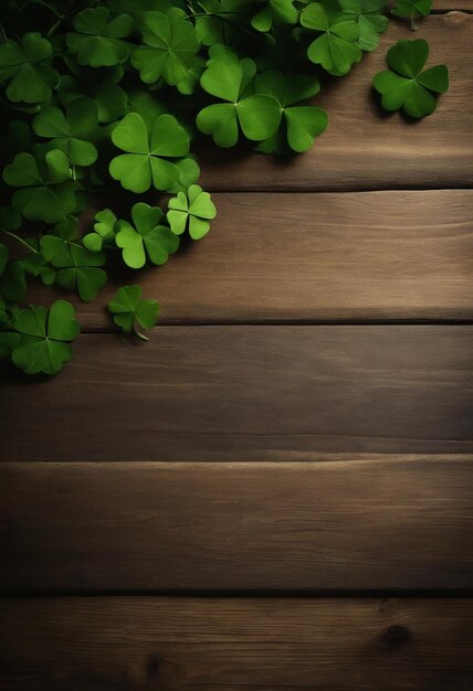 Foglie di trifoglio verde su sfondo di legno StPatricks Day Copy space Beer Holiday