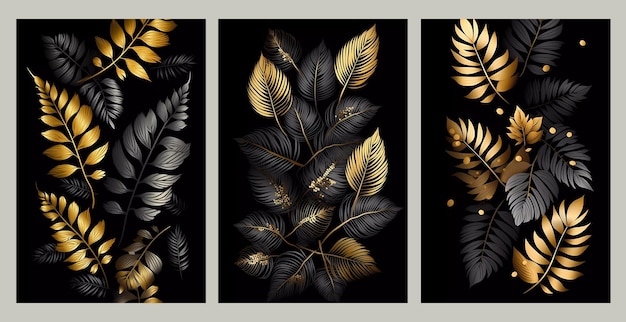 foglie dorate e nere su sfondo nero arredamento su tela in stile vettoriale
