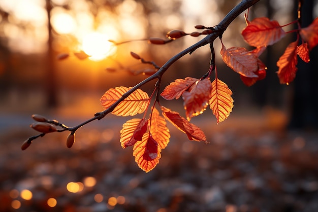 Foglie dorate in autunno al tramonto Generato con AI