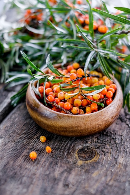 Foglie e bacche dell'olivello spinoso arancio sulla tavola di legno