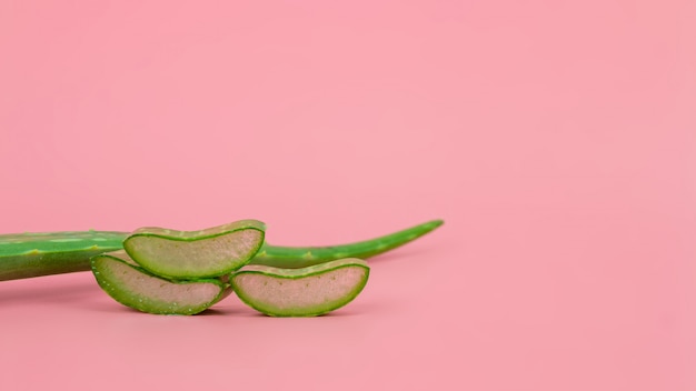 Foglie e fette fresche dell'aloe vera su fondo di rosa pastello per i prodotti di bellezza e di salute.