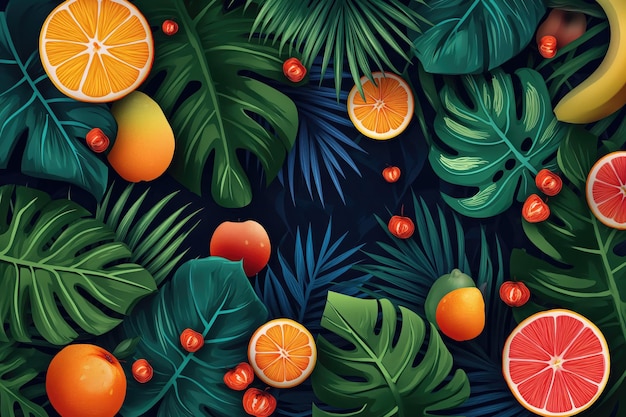 Foglie e frutti tropicali illustrati a sfondo