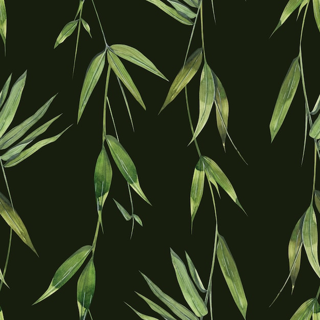 Foglie e ramoscelli dell'albero di bambù Modello senza cuciture tropicale semplice verticale su uno sfondo scuro Per la decorazione e la progettazione di tessuti, tessuti, carta da parati, carta da parati, scrapbooking, abbigliamento, stampe