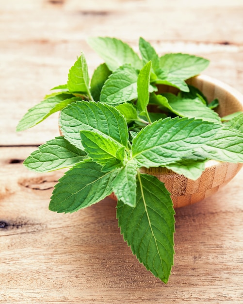 Foglie fresche della menta piperita del primo piano su fondo di legno.