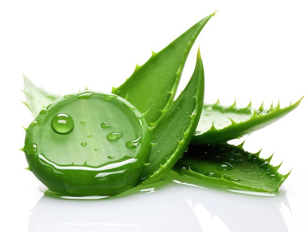 Foglie fresche di aloe vera verdi su sfondo bianco