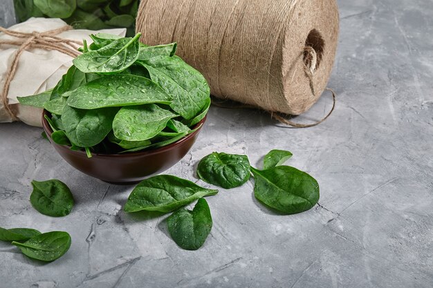 Foglie fresche di spinaci, confezione ecologica, consegna cibo. Alimenti biologici sani. Dieta vegetariana con erbe aromatiche. copia spazio.