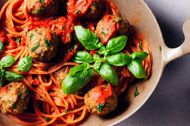 Foglie fresche di verdure su appetitosi spaghetti e polpette