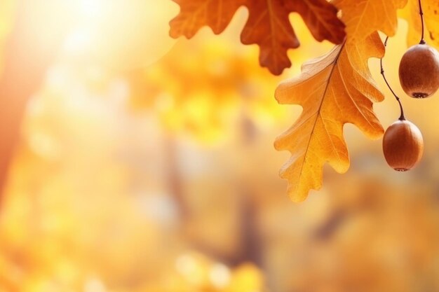 Foglie gialle autunnali di quercia con ghiande nel parco autunnale sfondo autunnale con foglie nelle luci del sole con bokeh