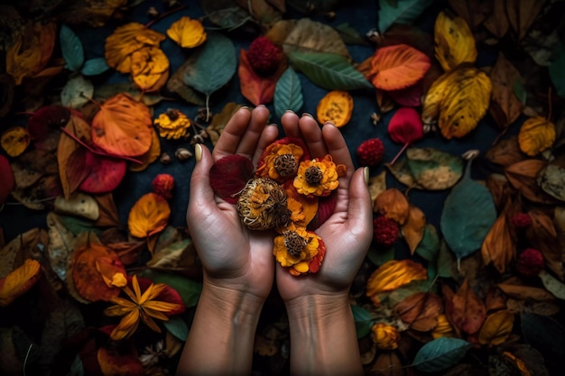 Foglie gialle cadute nelle mani umane tempo autunnale