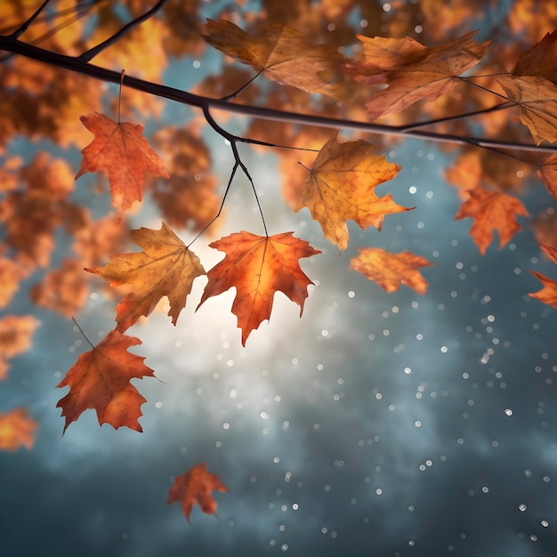 Foglie gialle d'autunno su un albero che ondeggiano al vento contro un cielo piovoso e nuvoloso