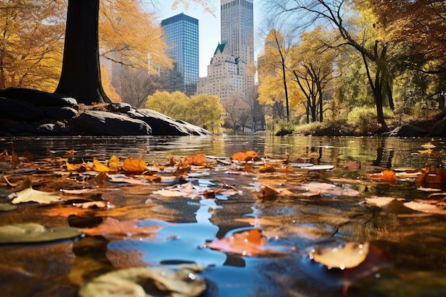Foglie in acqua a Central Park in autunno nel centro di Manhattan, New York City