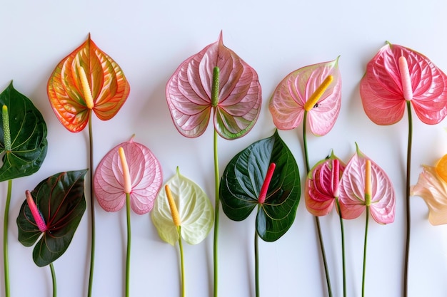 Foglie multicolori di Anthurium su sfondo bianco